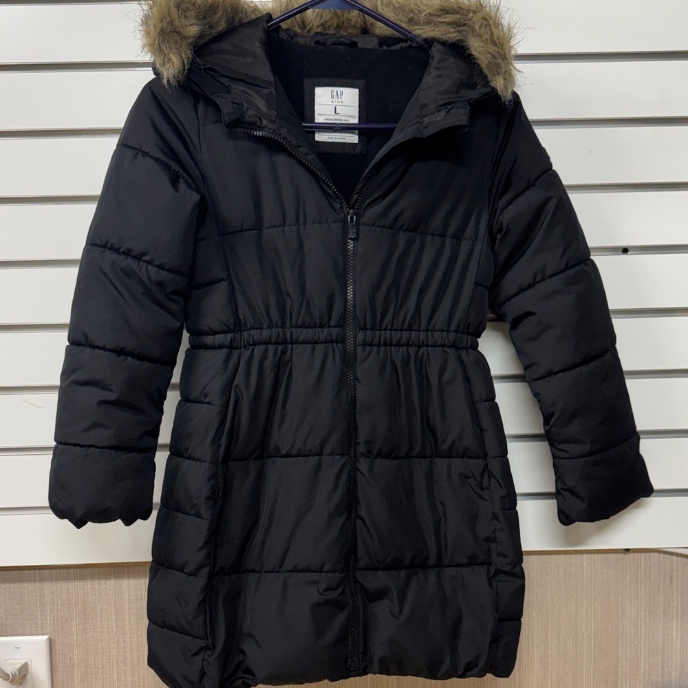 GAP Kids Black Puffer Cold Control Max Coat Faux Fur Trimmed Hood size large
